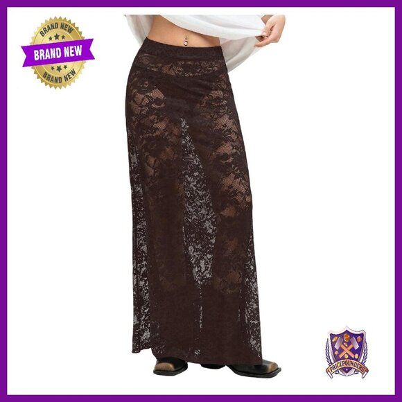 Dresses & Skirts - Sheer Mesh Lace Maxi Skirt Y2K See Through Flowy Long Skirt